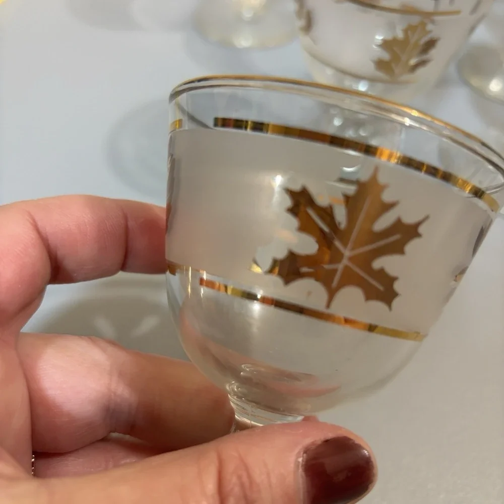 6 Libbey Gold Leaf MCM Frosted Cordial Glasses Set Barware Vintage Collectible